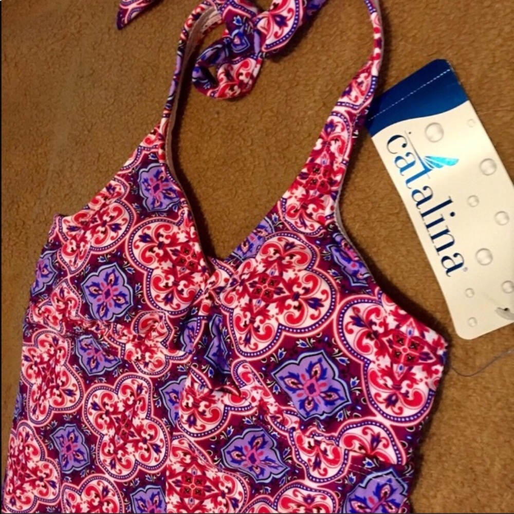 Catalina swimwear Red pattern back tie sexy halter swim top S 4-6 NEW w tags